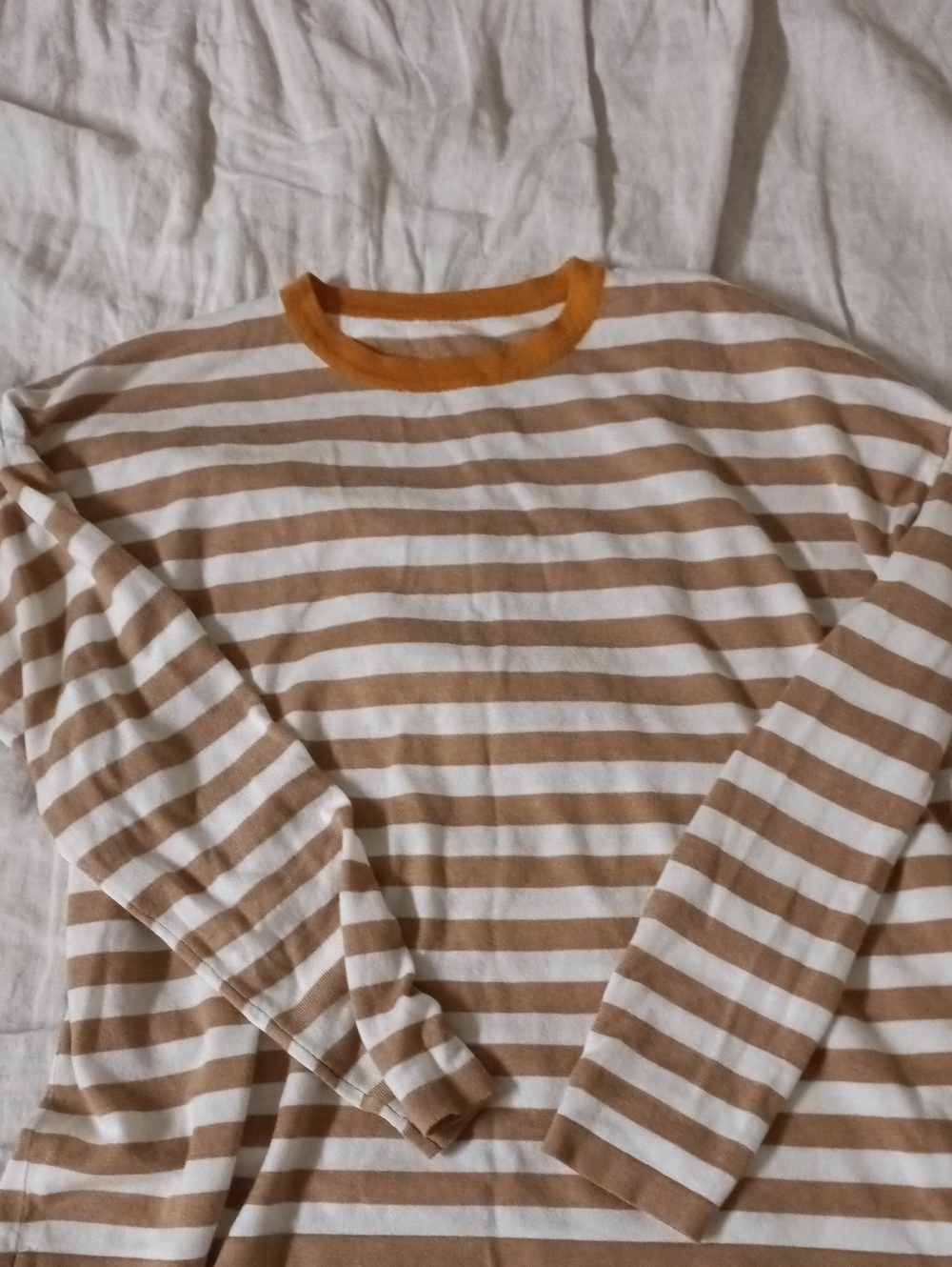 Striped Cream and Tan Women's Sweater with Mustard Trim